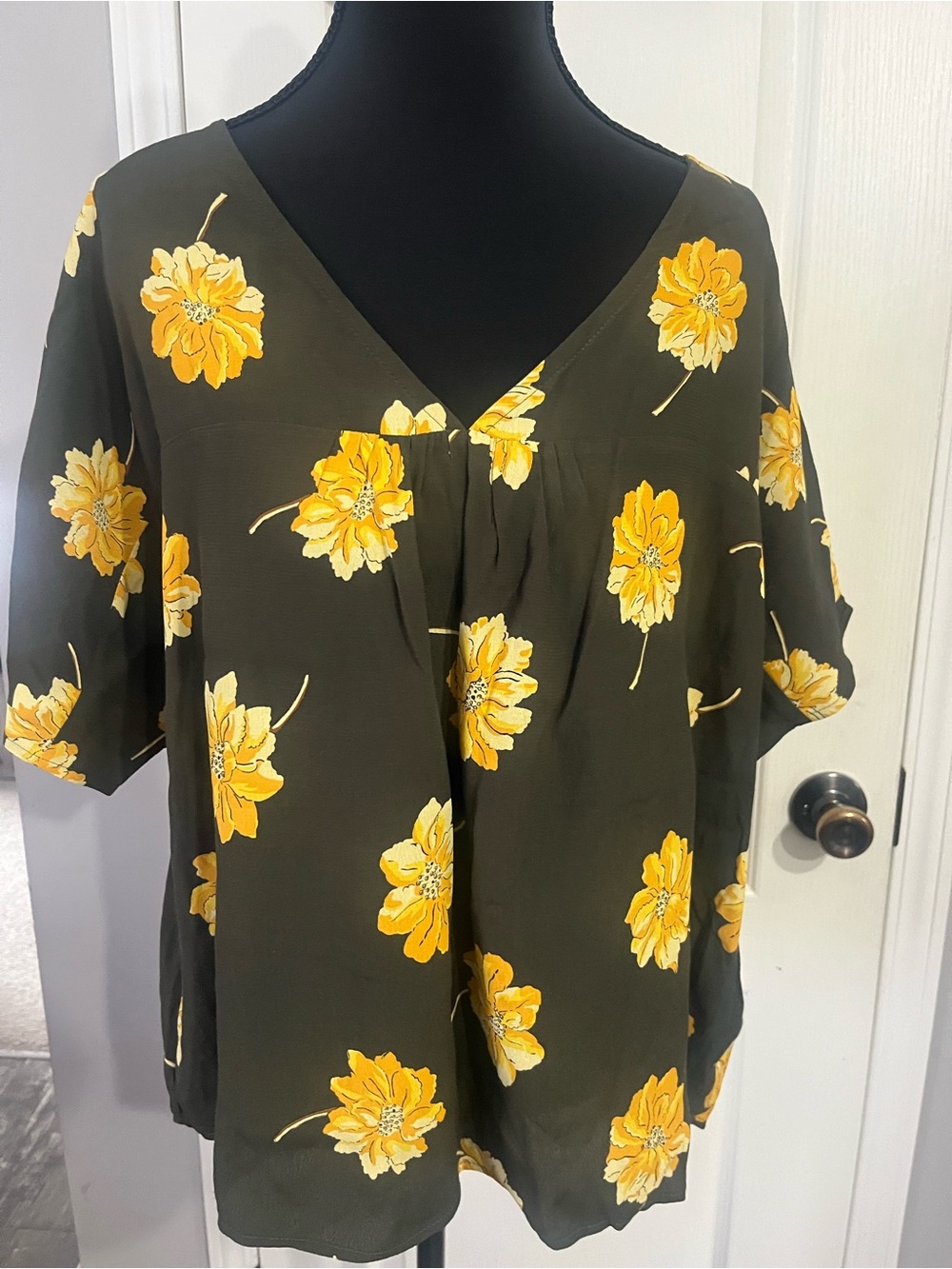 Madewell Olive Green V-Neck Blouse with Yellow Floral Print